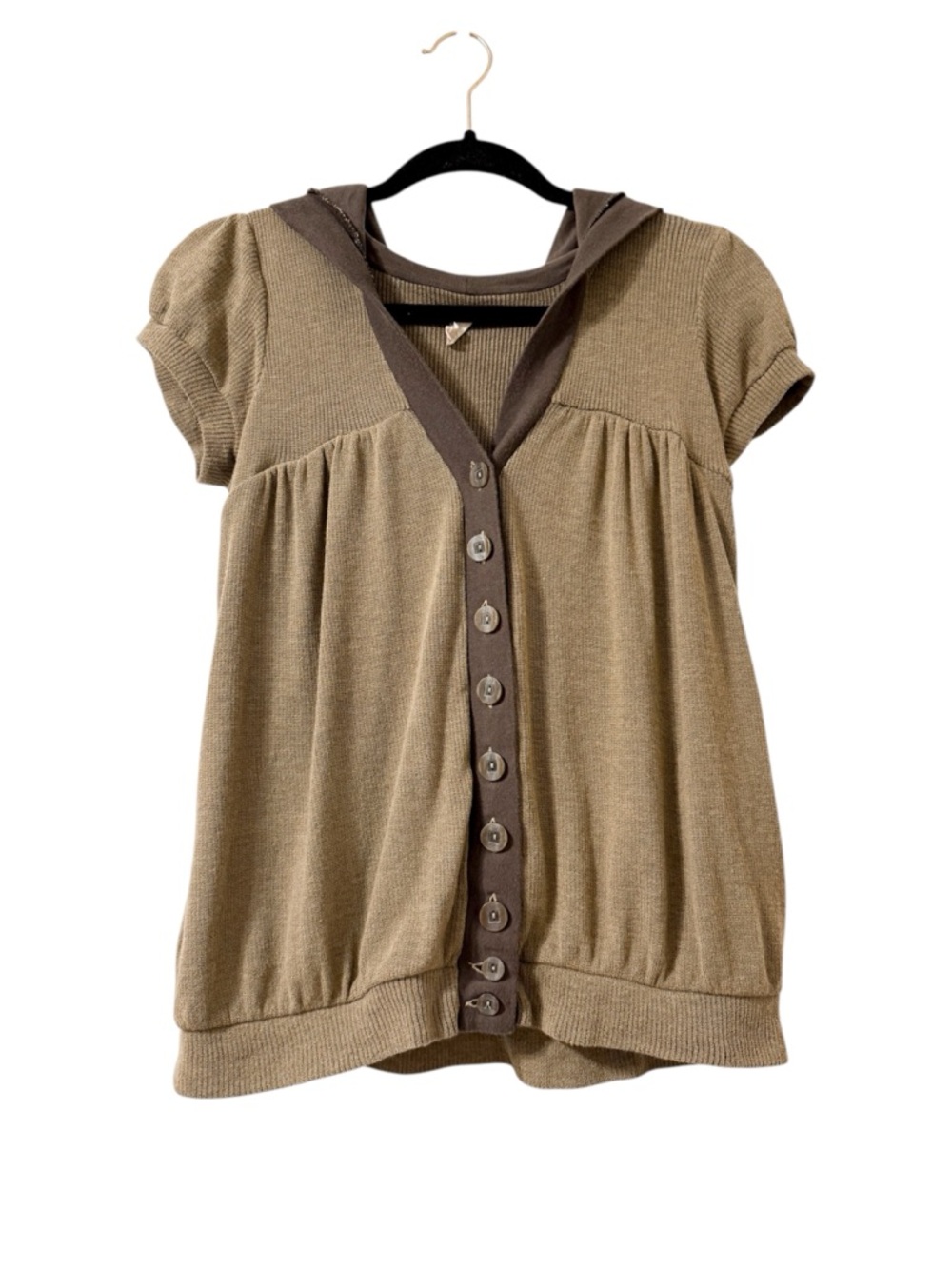 Free People Olive Green Hooded Short Sleeve Cardigan Sweater Cotton Size Small